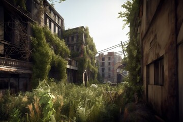 A post-apocalyptic future world without people, an abandoned city with plant growths. Generative AI
