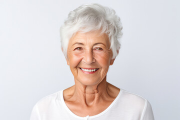 Happy Old European Woman On White Background. Сoncept Elegant Vintage Fashion, Cultural Heritage, Timeless Beauty, Grayscale Memories
