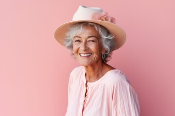 Happy Old French Woman On Pastel Background. Сoncept Elegant Vintage Fashion, Parisian Charm, Delightful Smile, Timeless Beauty