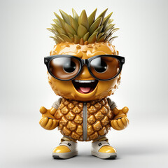 Charismatic pineapple character donning oversized sunglasses, a golden jacket, and white sneakers, posing joyfully on a pristine white backdrop.