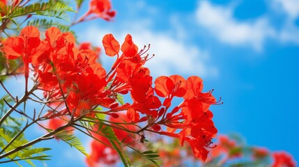 This is the blooming  flowers in the summer monsoon tropics, with red royal blooms blooming against a gorgeous blue sky background.