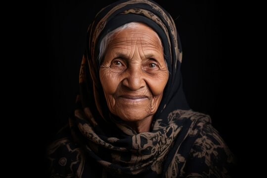 Happy Old Egyptian Woman On Black Background
