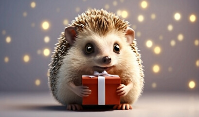 Cute realistic hedgehog with gift on a simple blurred background with lights image ai