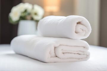 Fototapeta na wymiar Aicreated Image Of Fresh Towels Set On Hotel Bed