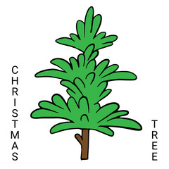 Christmas tree outline vector illustration. Cartoon Christmas tree, Evergreen pine, fir New year decoration. Isolated winter symbol for card, sale poster, illustration,  book design.