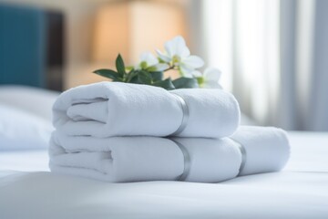 Obraz na płótnie Canvas Aicreated Image Of Fresh Towels Set On Hotel Bed