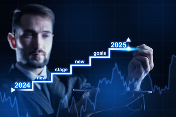 Businessman draws staircase 2025. Business planning. Goals for year. Male investor behind digital...