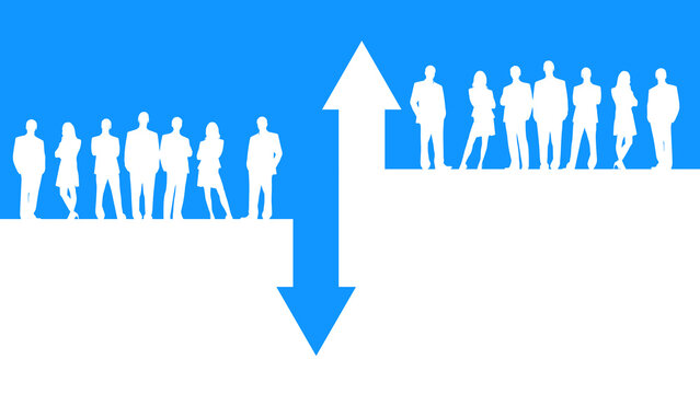 Business people near up and down arrows. Silhouettes men and women on blue. Concept people income growth and decline. Arrows are metaphor for income differences. Background for infographics. 3d image