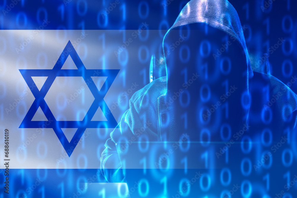 Poster hacker from israel. man in hood with laptop. israel flag with binary code. cybersecurity. hacker wor