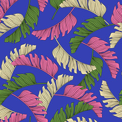 Tropical leaf seamless pattern. Colorful vivid print with beautiful palm jungle leaves. Repeated luxury design for packaging, cosmetic, fashion, textile, wallpaper. Realistic high quality illustration