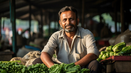 cheerful seller at a farmers market, farmer selling fruits and vegetables in a greengrocer's shop, emotional portrait, smiling face, healthy eating, fresh food, greens, person, people, merchant, man