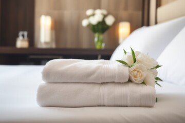 Fototapeta na wymiar Cozy Hotel Room With Aigenerated Fresh Towels Copy Space