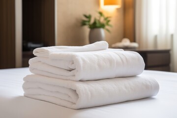 Cozy Hotel Room With Aigenerated Fresh Towels. Сoncept Luxury Spa Features, Room Service Options, Comfortable Amenities, Relaxing Escape