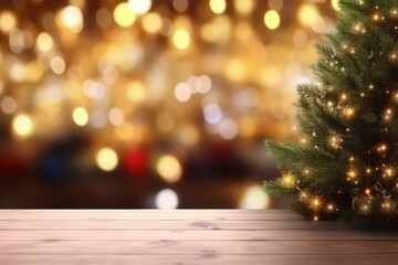 Empty Wood Table With Blurred Christmas Tree Background