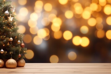 Fototapeta na wymiar Empty Wood Table With Blurred Christmas Tree Background Copy Space