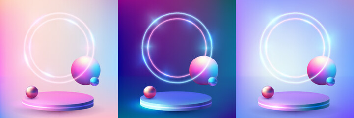 Set of realistic 3d futuristic stage with neon light circle frame, gradient sphere balls and pedestal podium. Empty studio interior with round platform and glowing arch for product presentation.