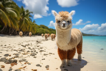 Alpaca or lama on a tropical beach, travel and wanderlust concept, blue sea, exotic vacation destination - obrazy, fototapety, plakaty