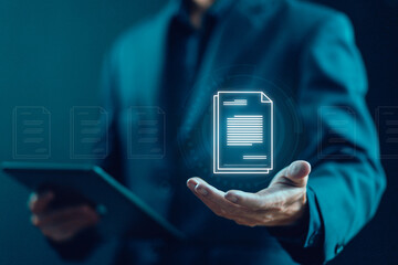 businessman manages data on a tablet, business paperless, document files digital electronic....