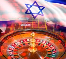 Casino in Israel. Gambling game roulette. Israeli flag near casino equipment. Machine for testing...