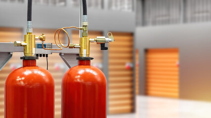 Fire extinguishing system in warehouse. Red balloons for automatic flame extinguishing. Fire extinguishers near blurred warehouse. Storage units are equipped with fire extinguishing system. 3d image