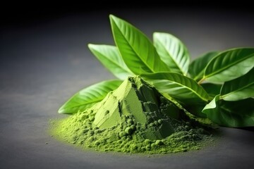 Heap Of Matcha Tea Powder And Leaves With Realistic Lighting Copy Space