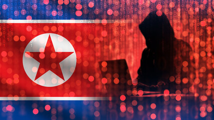 Hacker from North Korea. Flag DPRK. Silhouette man Hacker with laptop. Cyber criminal. Hacking North Korea. Cyber attack on North Korea. Hacker carries out internet attack. Kimsuky, Lazarus. 3d image - obrazy, fototapety, plakaty