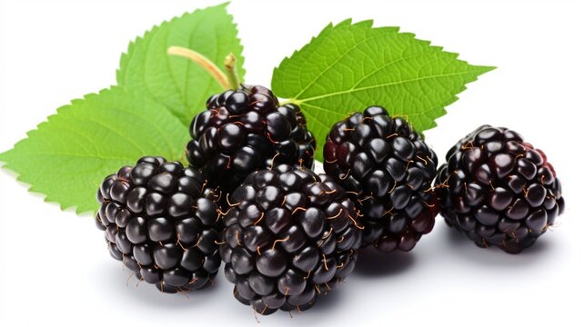 With clipping path, a ripe blackberry is isolated on a white background. Close-up of fresh summer wild berries Blackberry collection with leaves in detail.