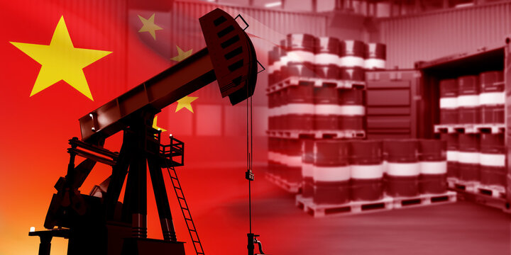 Oil industry of China. Petroleum production pump. Sea container with barrels. Chinese flag near oil warehouse. Crude oil supplies to China. Import of petroleum to PRC. China fuel industry. 3d image