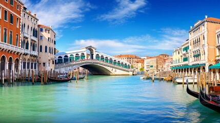 Obraz premium Romantic spring scene colorful morning panorama with Bridge Picturesque city traveling concept background. 