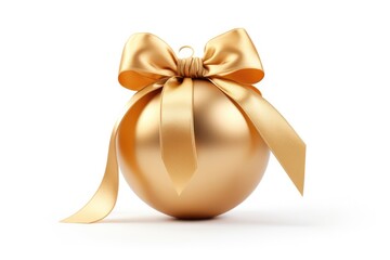 Isolated Gold Christmas Ball With Ribbon And Bow