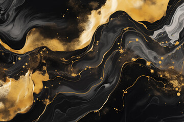 Abstract background with fluid art. Elegant background for website screensavers, postcards and notebook covers. Gold and black color scheme - obrazy, fototapety, plakaty