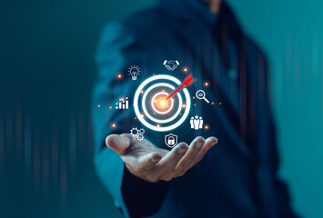 target icon digital business growth. concept of manager vision performance to a business plan and...