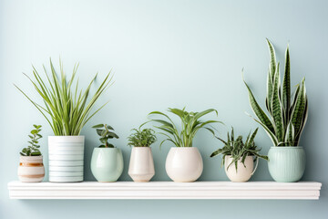 plants in pots on shelf, mint background 