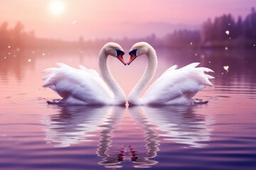 Romantic Swans Forming Heart Shape In Dreamlike Lake Scene