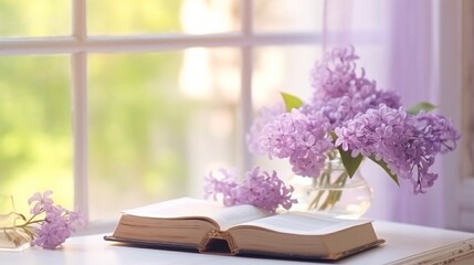 Room interior with lilac flowers in a glass vase and an open fairy tale book on a shabby chic table against a backdrop of stacks of old books.
