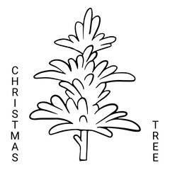 Christmas tree outline vector illustration. Cartoon Christmas tree, Evergreen pine, fir New year decoration. Isolated winter symbol for card, sale poster, illustration,  book design.