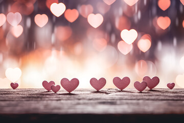 Blurred background with decorative hearts and bokeh lights.