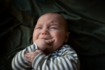 mixed race newborn crying baby lies wrapped in a green muslin swaddle