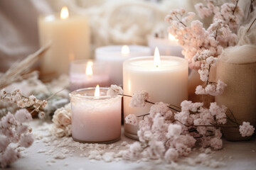 Fototapeta na wymiar Candles with winter florals, winter scene 