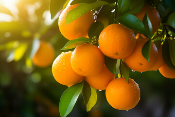 Fresh ripe oranges on the tree in sunlight.