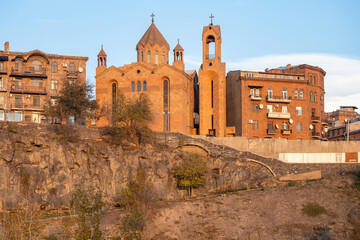 Churches of Armenia. Sights of Yerevan. Surb Sarkis church. Buildings on rocky bank of Hrazdan...