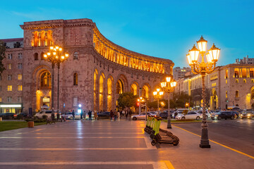 Capital of Armenia. Evening Yerevan. Beautiful building with evening lighting. Lanterns and...