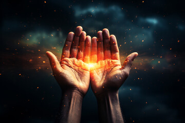 Light shinning in the hands, praying or meditating, belief, consciousnes and spirituality,...