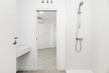 A bathroom with a white wooden door, a shower cabin without a screen and a porcelain sink