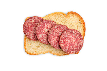 A sandwich consisting of bread with pieces of raw smoked sausage on top. Isolated on transparent background.