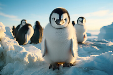 Penguin baby on  Antarctic coast or islands,  wildlife animals, environment and ecosystem, bird in ice and snow