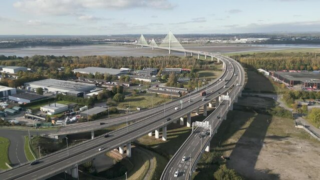Roads leading to The Mersey Gateway Bridge and Astmoor Industrial Estate, Runcorn, Cheshire, England, approach view