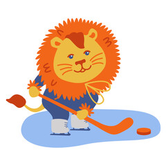 Lion kid play hockey character. Vector children illustration. Use for t-shirt template, surface design, fashion kids wear, baby shower, sports activities club, winter activities poster, invitations