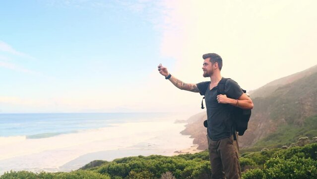 Phone picture, nature hiking and man with social media post of outdoor wellness, ocean view or travel in Portugal tropical island. Smartphone photography, mockup space and backpacker memory photo