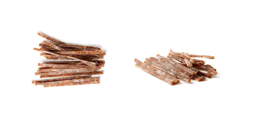 Fish Jerky Isolated, Dry Salted Seafood Snack, Hake Stockfish, Small Pieces of Dehydrated Pollock